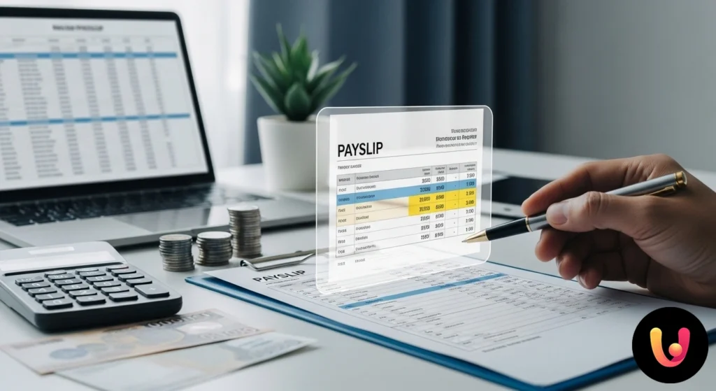 Persona che analizza le singole voci di una busta paga con una calcolatrice per verificare stipendio e trattenute.