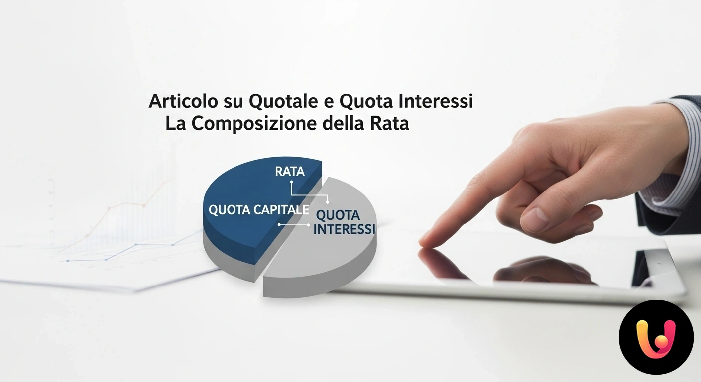 Composizione della rata: differenza tra quota capitale e quota interessi Grafico che illustra la suddivisione di una rata di un finanziamento tra quota capitale, in blu, e quota interessi, in aranci