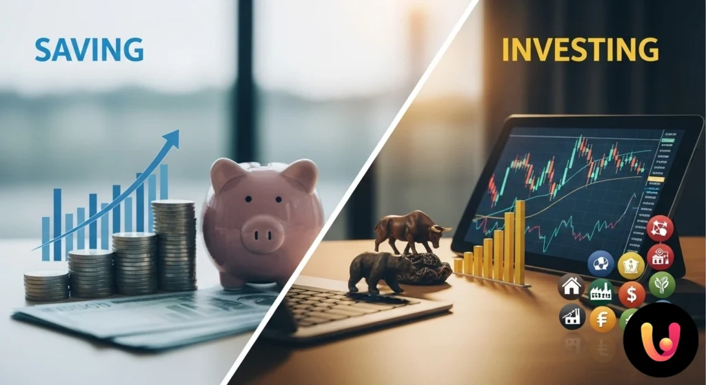 Risparmio e Investimento: Guida per far crescere i tuoi soldi Mano che protegge un salvadanaio e un'altra che innaffia una pianta che cresce da monete, illustrando risparmio e investiment