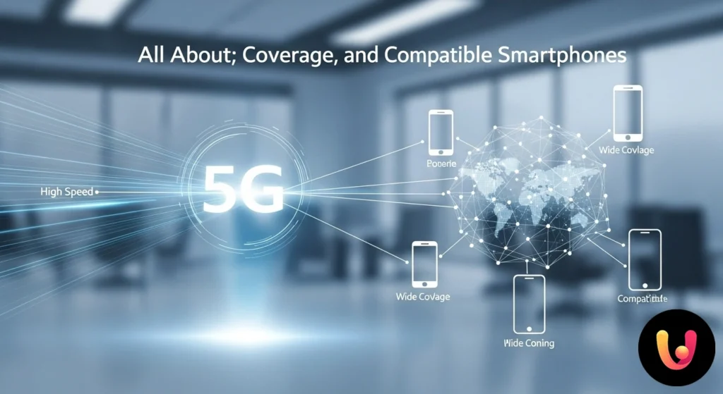 Smartphone che mostra il simbolo della rete 5g sullo schermo, con uno sfondo sfocato di una città moderna di notte.