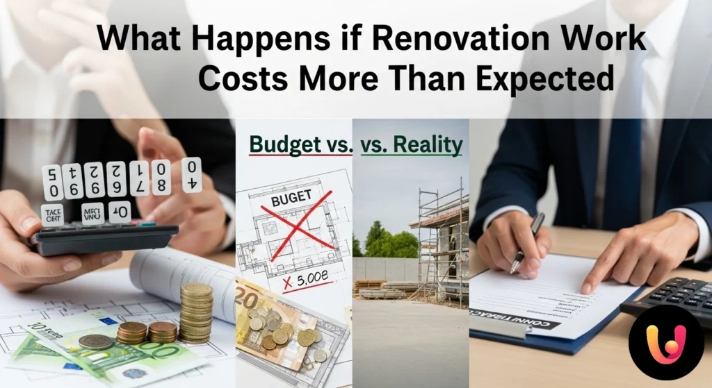 Renovierung: Extrakosten? Ein vollständiger Leitfaden zum Umgang damit Person mit besorgtem Gesichtsausdruck prüft Rechnungen und einen Bauplan auf einem Arbeitstisch.