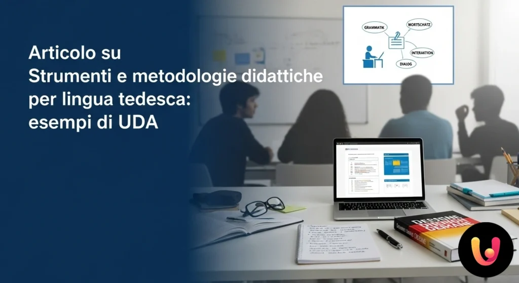 Schema di una unità di apprendimento per il tedesco, con nodi per lessico, grammatica, attività e strumenti digitali.