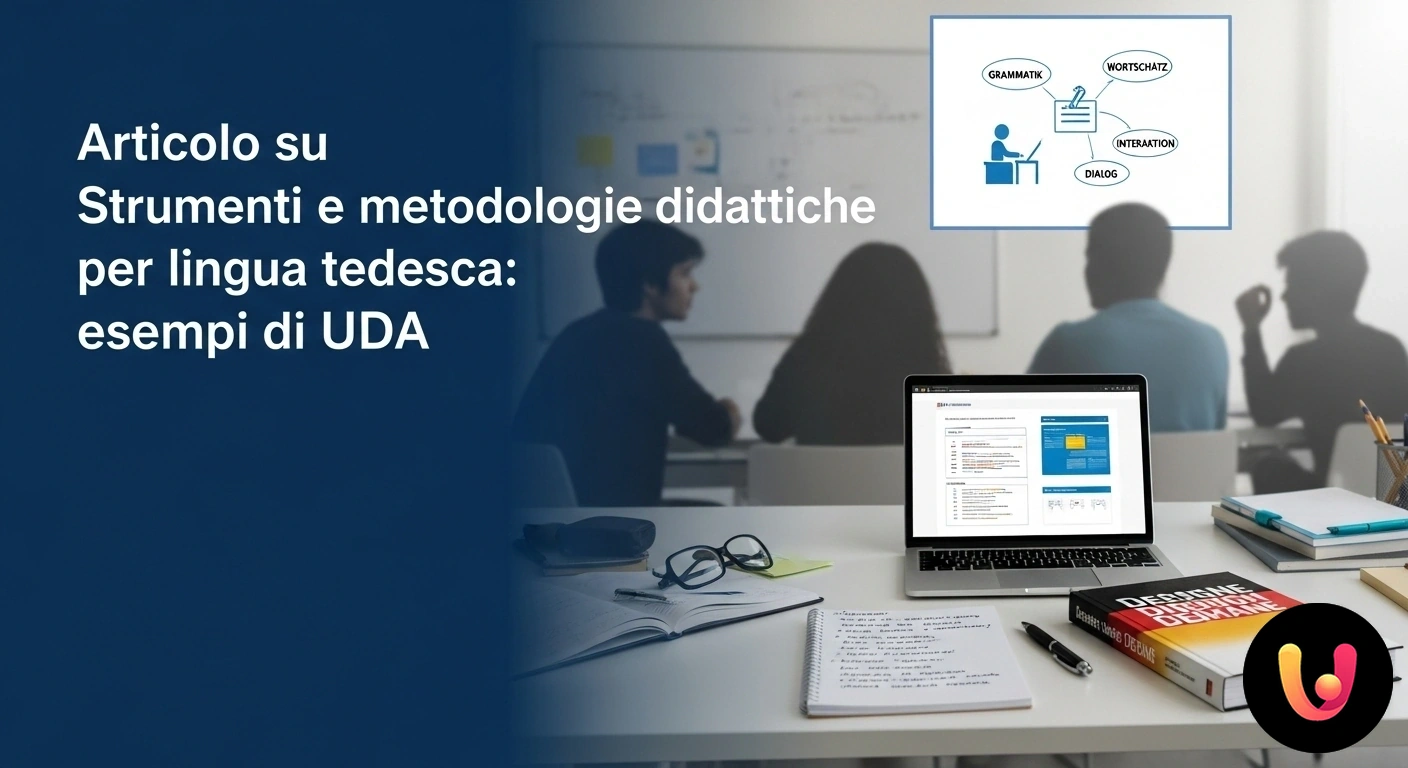Progettare una UDA di tedesco: metodologie e strumenti didattici. Schema di una unità di apprendimento per il tedesco, con nodi per lessico, grammatica, attività e strumenti digitali.