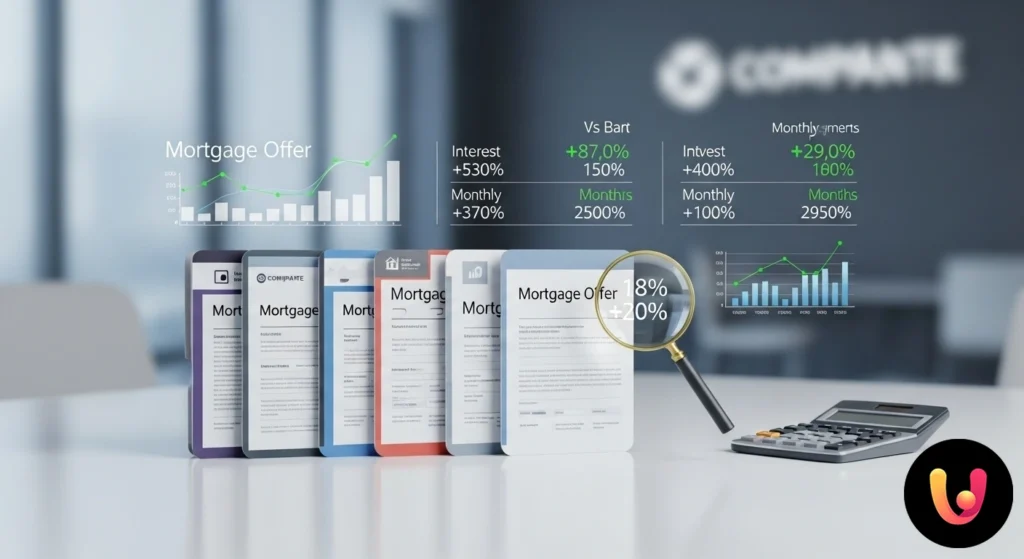 Person am Schreibtisch, die mit einem Taschenrechner und einem Laptop Dokumente verschiedener Banken vergleicht