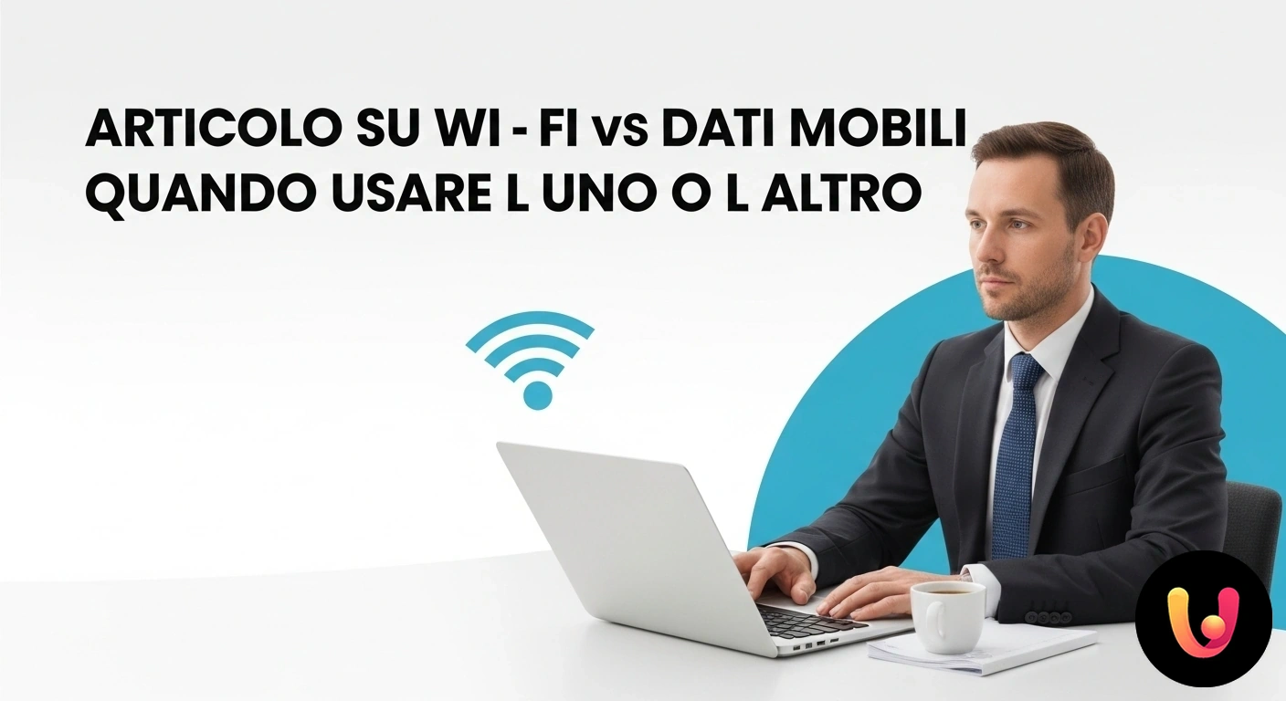 Wi-Fi vs Dati Mobili: Quale connessione scegliere? Persona che consulta uno smartphone, affiancata dalle icone del segnale wi-fi e della connessione dati mobili 5g.