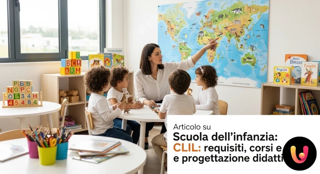 Bambini in età prescolare durante un'attività didattica clil con l'insegnante, utilizzando materiali visivi multilingue.
