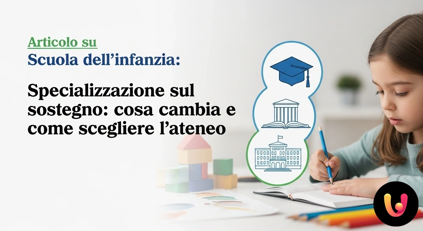 Specializzazione Sostegno Infanzia: Guida alla Scelta dell'Ateneo Educatrice di sostegno guida un bambino nell'apprendimento attraverso il gioco con blocchi colorati in un'aula luminosa.