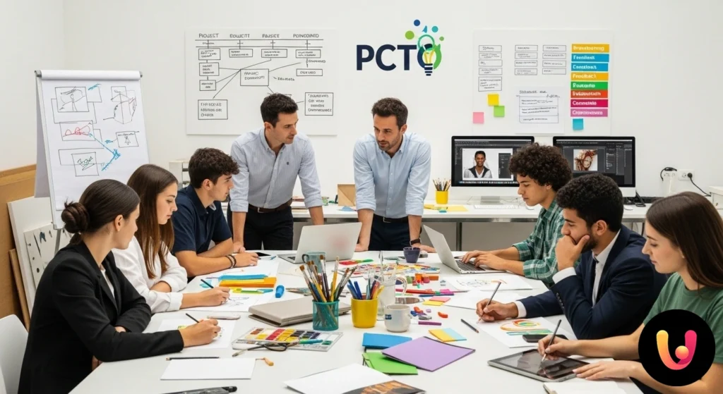 Studenti e un docente collaborano alla realizzazione di un progetto artistico in un laboratorio scolastico.