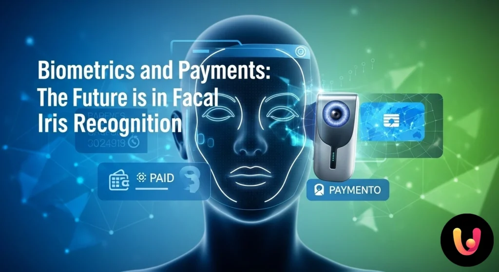 Biometric Payments: Goodbye PIN, the Future Is in Your Gaze Face and iris scan of a person for the authentication of a digital payment on a terminal.