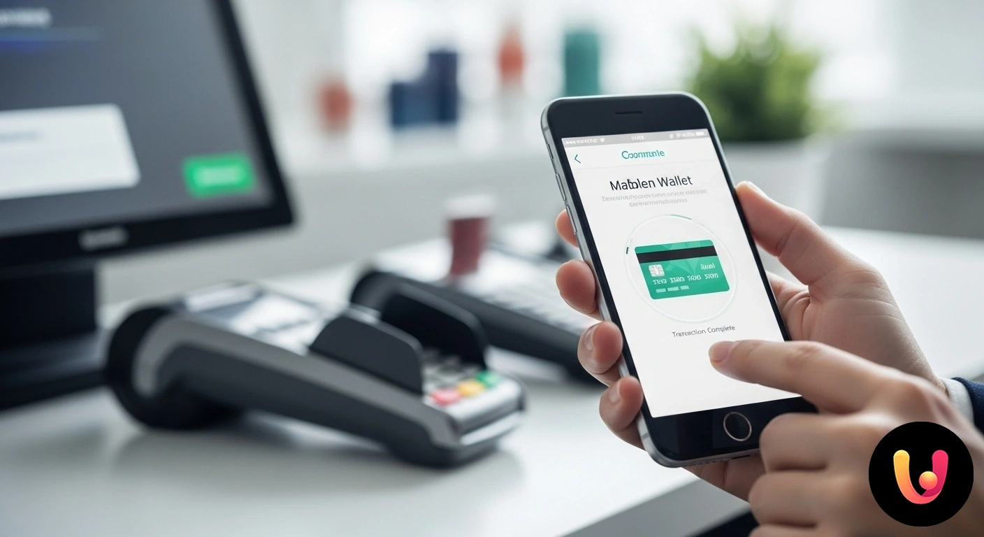 Pagamenti con Smartphone: Sicurezza e Comodità dei Mobile Wallet Primo piano di una mano che avvicina uno smartphone a un terminale pos per autorizzare un pagamento contactless.