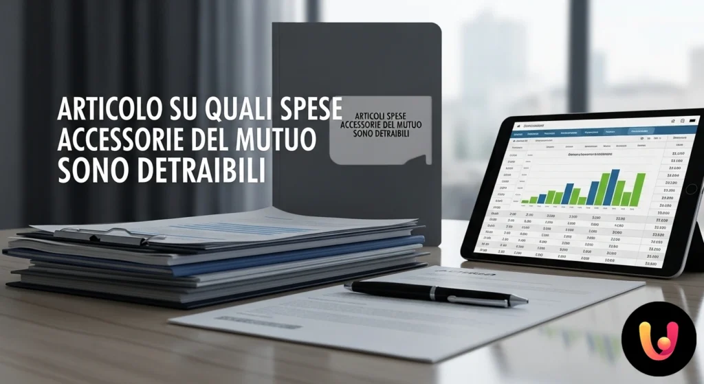Mani che indicano le voci di spesa su un contratto di mutuo, affiancate da una calcolatrice e dalle chiavi di una casa.