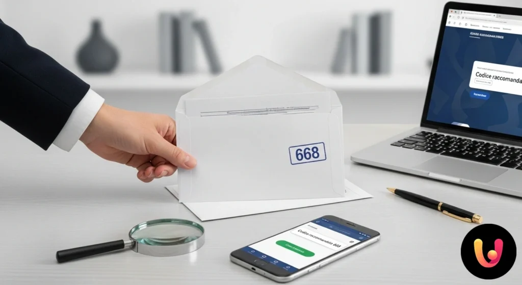 Avviso di giacenza per raccomandata con il codice numerico 668 in primo piano su una busta bianca.