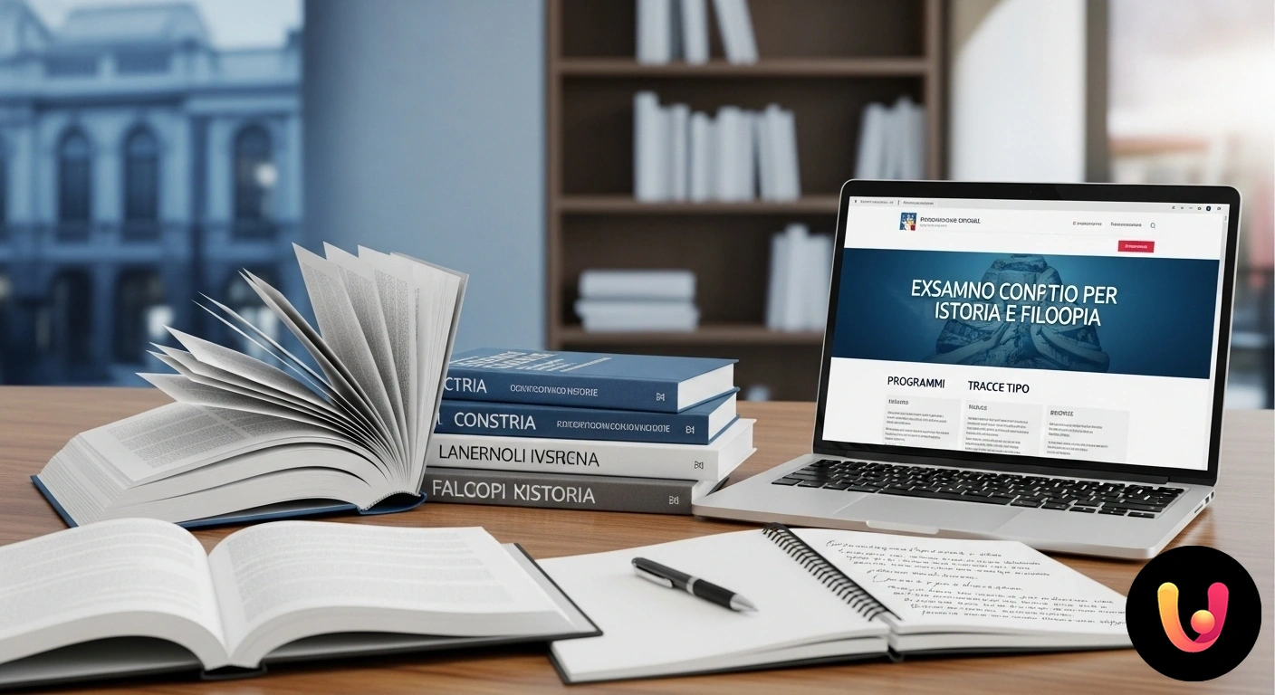 Guida completa alle prove del concorso di storia e filosofia. Pila di libri classici di storia e filosofia con un paio di occhiali appoggiati sopra, su una scrivania di legno.
