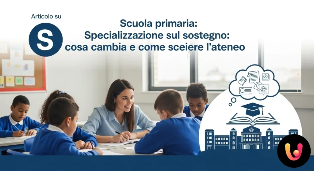 Insegnante di sostegno aiuta un bambino durante un'attivit&agrave; didattica personalizzata in un'aula di scuola primaria.