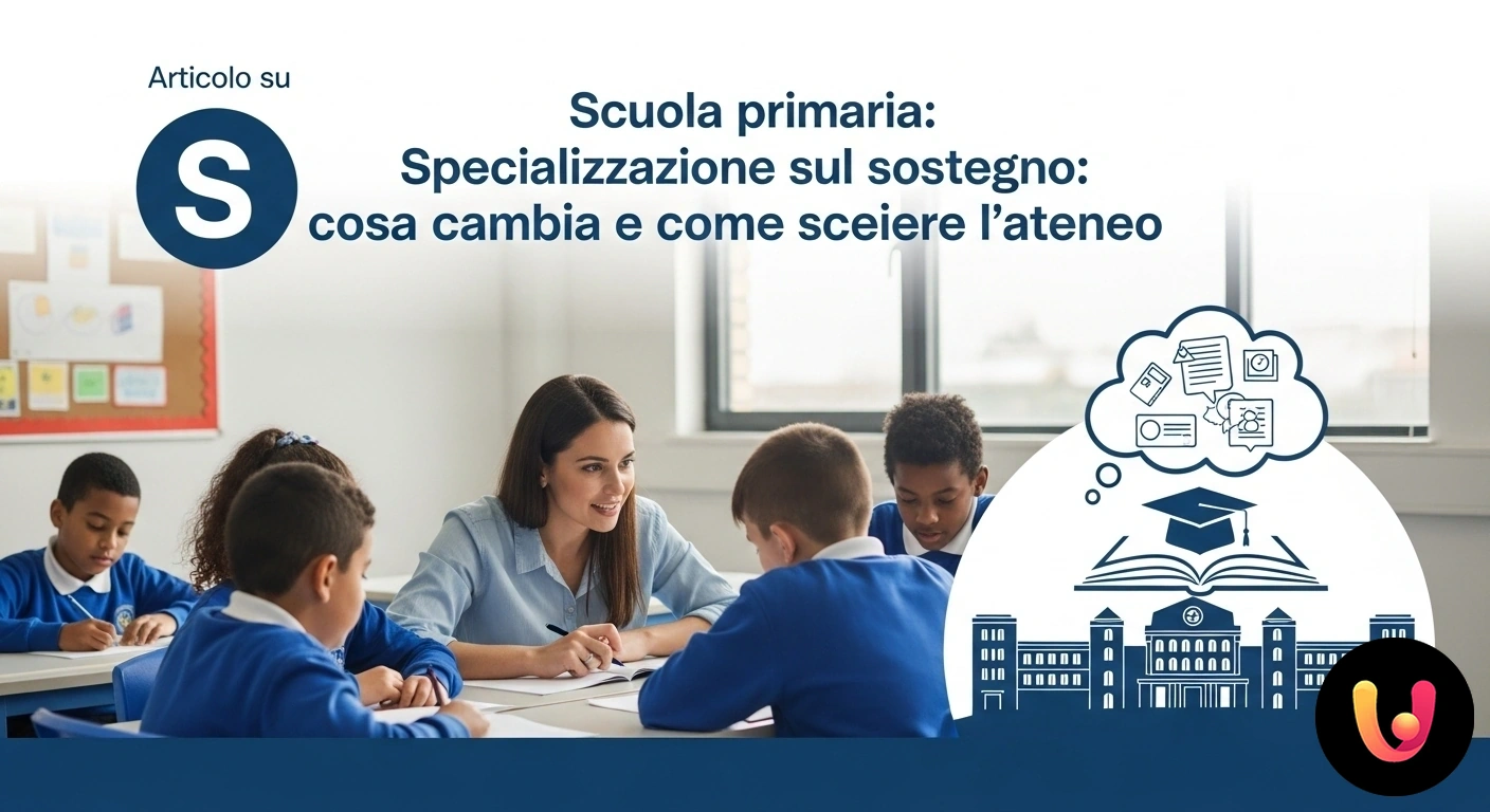 Specializzazione sostegno: guida alla scelta del percorso formativo e dell'ateneo. Insegnante di sostegno aiuta un bambino durante un'attività didattica personalizzata in un'aula di scuola primaria.