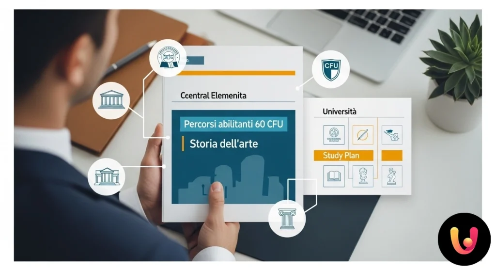 Studente in una biblioteca universitaria consulta un antico volume di storia dell'arte per definire il proprio piano di studi