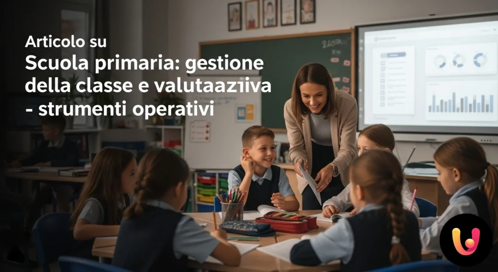 Gestione classe e valutazione: la guida per docenti Insegnante di scuola primaria supporta un alunno durante un'attività didattica, indicando un punto su un quaderno aperto sul
