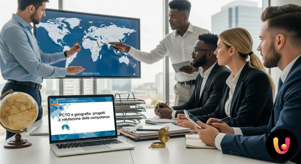 PCTO e Geografia: Guida a progetti e valutazione competenze Studenti e docente analizzano una carta geografica stesa su un tavolo, indicando punti di interesse per un progetto formativo