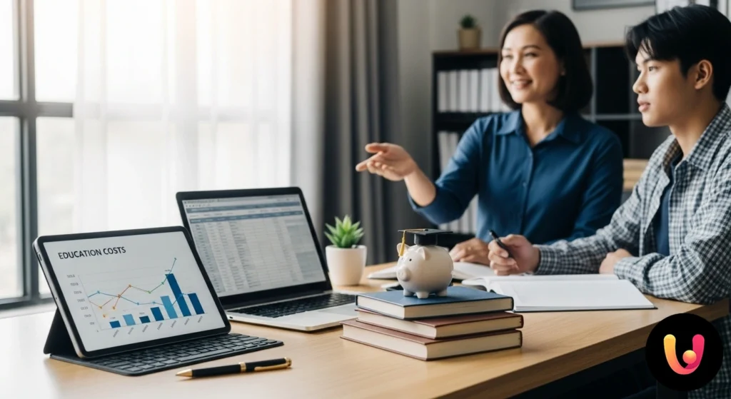 Études universitaires des enfants : guide complet des coûts et comment s’y préparer Tocco di laurea posato su una pila di libri accanto a una calcolatrice, a simboleggiare la pianificazione finanziaria per l'i