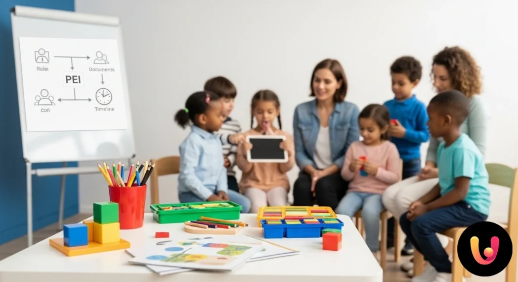 PEI Infanzia: Guida a ruoli, tempi e inclusione Educatrice e gruppo di bambini diversi collaborano a un disegno colorato in un'aula della scuola dell'infanzia.
