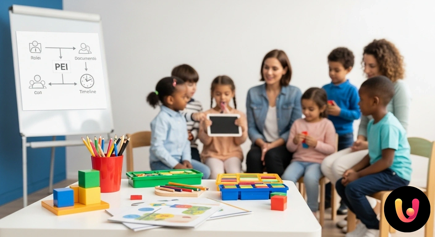PEI e inclusione nella scuola dell'infanzia: il valore della collaborazione. Educatrice e gruppo di bambini diversi collaborano a un disegno colorato in un'aula della scuola dell'infanzia.