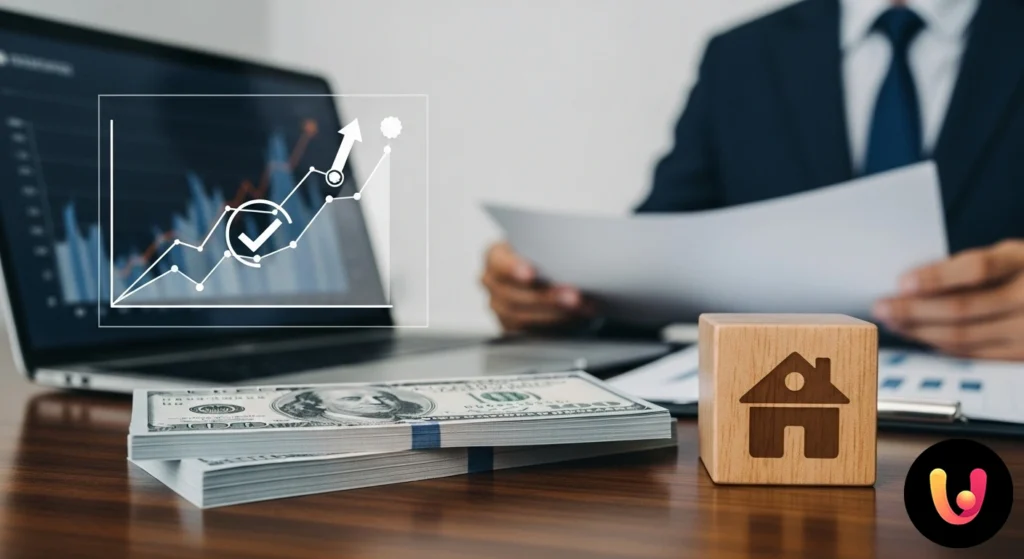 Una bilancia in equilibrio che soppesa un modellino di casa e un contratto di lavoro a tempo indeterminato.