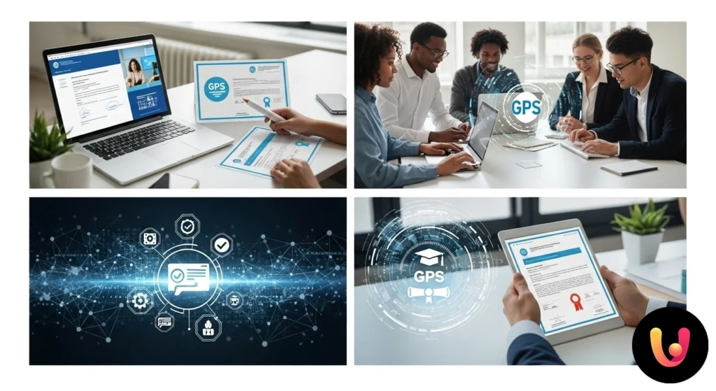 Certificazioni informatiche GPS: guida per scalare la graduatoria Docente di scuola secondaria utilizza un laptop su cui sono visibili icone rappresentative di certificazioni informatiche.