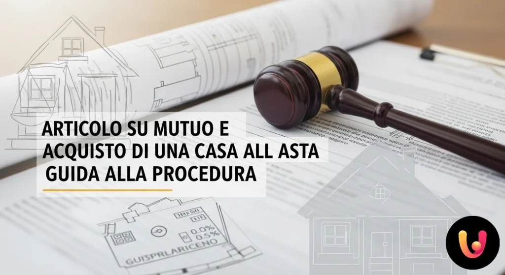 Main tenant un marteau de commissaire-priseur au-dessus d'une maquette de maison, à côté de documents contractuels et d'une calculatrice.
