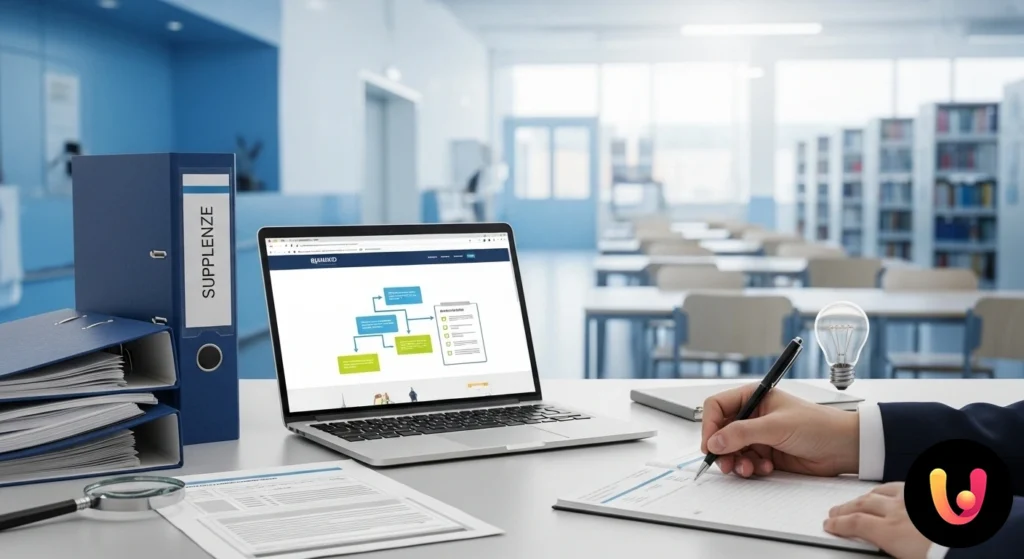 Scrivania con modulo di messa a disposizione, penna e un computer portatile per la ricerca di incarichi di supplenza.