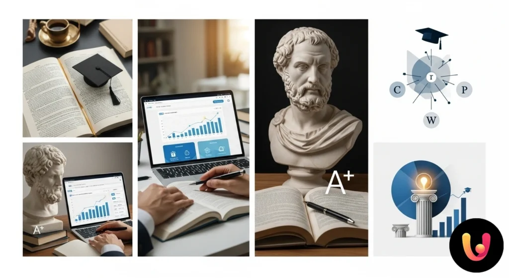 Colonna in stile classico con una freccia grafica che punta verso l'alto, a simboleggiare la crescita del punteggio.