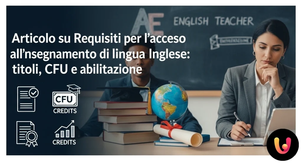 Insegnare Inglese: Guida a Titoli, CFU e Abilitazione 2025 Scrivania con dizionario di lingua inglese, pergamena di laurea e una lista di controllo per i requisiti di insegnamento.