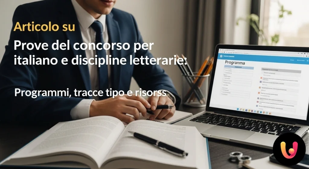 Candidata al concorso di lettere studia su libri di letteratura italiana e scrive appunti per la preparazione delle prove.