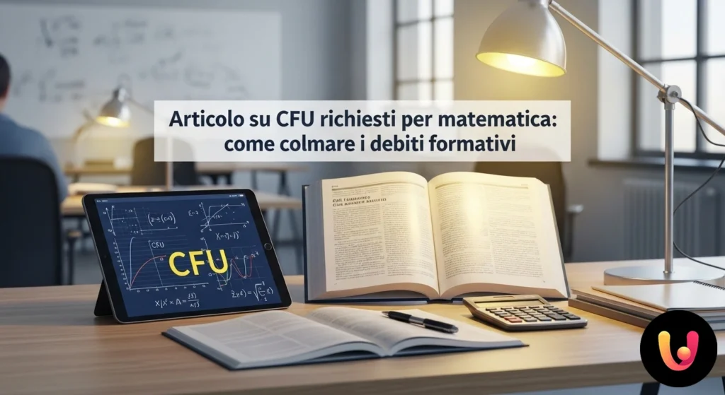 Mano che scrive formule matematiche su un foglio, con libri di testo e calcolatrice su una scrivania.