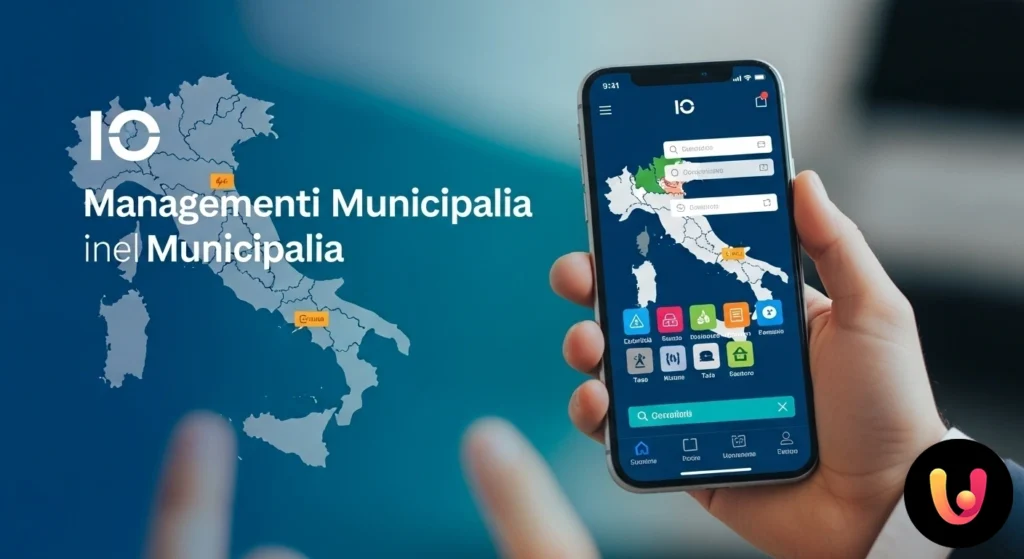 Smartphone che mostra il logo dell'app io per il pagamento di bollette, su una mappa stilizzata dell'italia con segnaposto.