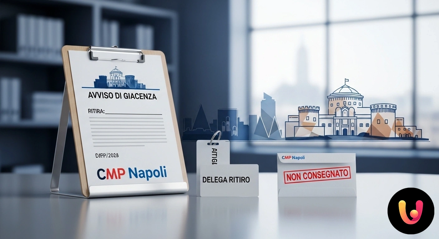 Avviso di giacenza CMP Napoli: Guida a ritiro e delega Primo piano di un avviso di giacenza giallo e bianco per il ritiro di una spedizione non consegnata presso un ufficio postale