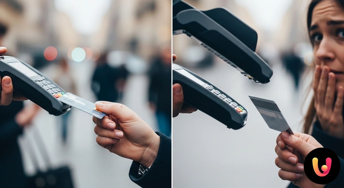 Furto contactless con POS: scopri come proteggere la tua carta di credito. Terminale pos avvicinato furtivamente a una carta di credito per un tentativo di furto contactless.