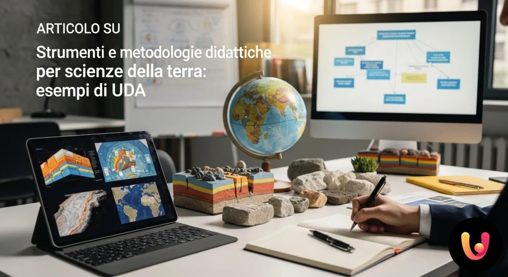 Didattica Scienze Terra: Guida a UDA, strumenti e metodi Docente indica la stratigrafia di un modello geologico a un gruppo di studenti attenti in un laboratorio scientifico.