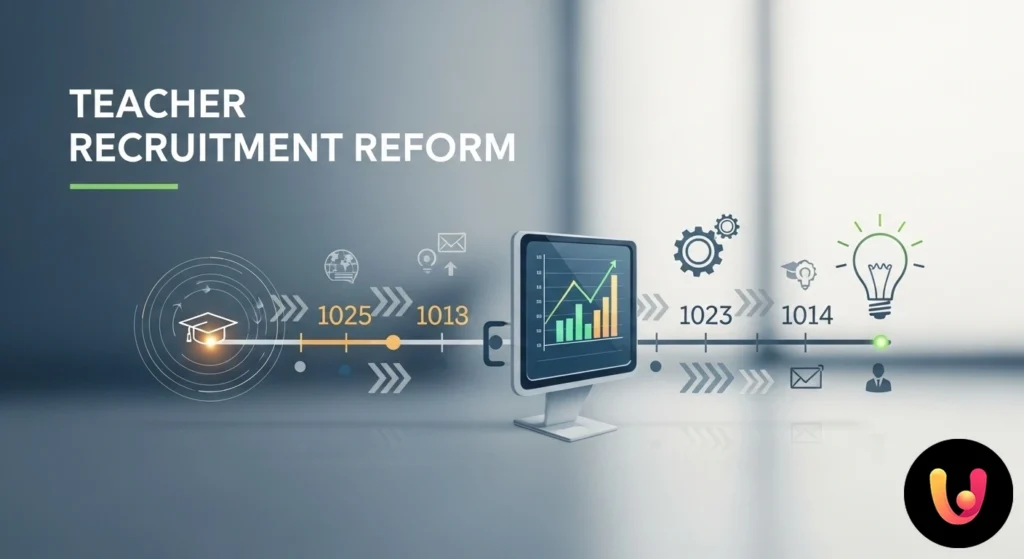 Linea temporale stilizzata con icone che rappresentano le tappe fondamentali delle riforme sul reclutamento dei docenti.