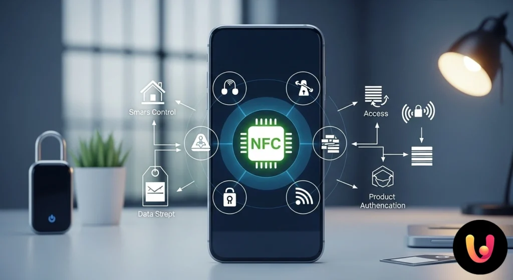 Mano che avvicina uno smartphone a icone rappresentanti scambio dati, automazione e controllo accessi tramite tecnologia nfc.