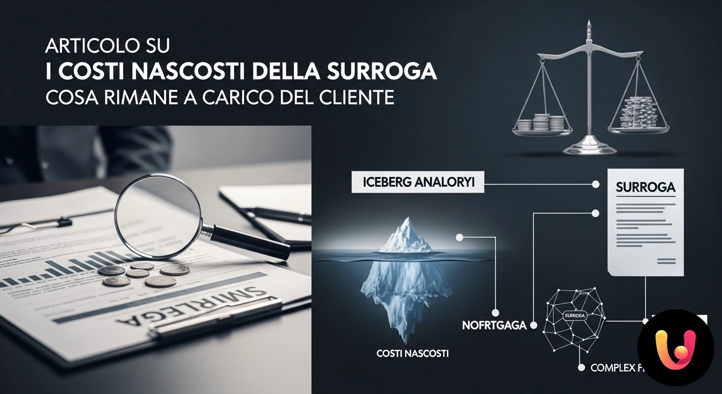 Surroga del mutuo: scopri i costi nascosti a carico del cliente. Lente d'ingrandimento che evidenzia le clausole sui costi accessori all'interno di un contratto di mutuo per la surroga.
