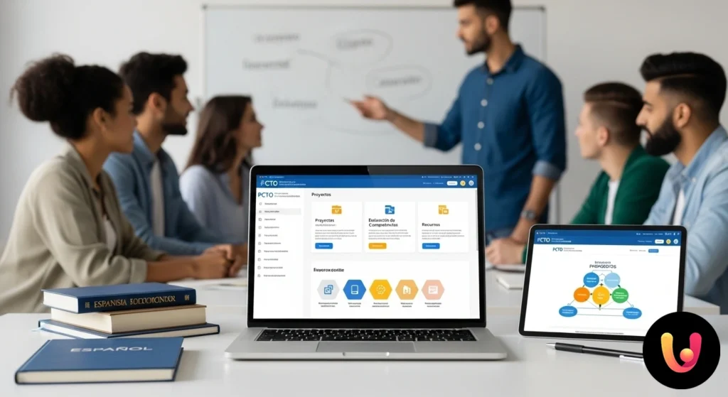 Studenti collaborano a un progetto analizzando documenti con grafici e icone relative alla lingua spagnola.