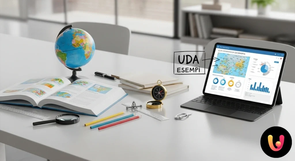 Docente che illustra una mappa geografica fisica su una lavagna interattiva a una classe di studenti attenti.