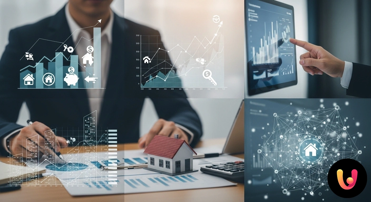 Tendenze Mercato Mutui: La Guida Completa Grafico con andamento fluttuante dei tassi di interesse sovrapposto a un'immagine sfocata di un quartiere residenziale.