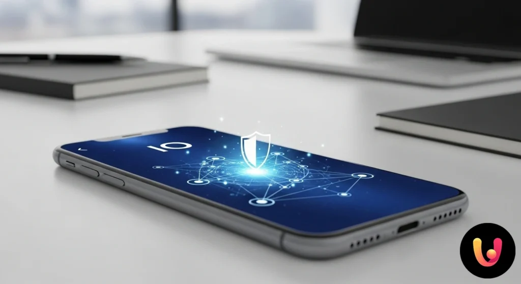 Smartphone che mostra il logo dell'app io protetto da uno scudo, a simboleggiare la sicurezza dei dati personali.