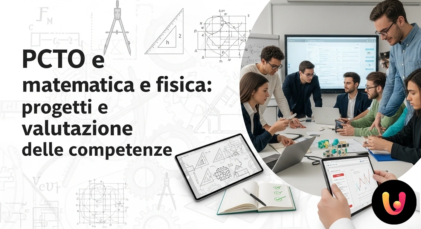 PCTO e competenze in matematica e fisica: progetti e valutazione Studenti che collaborano a un progetto scientifico, analizzando grafici e formule matematiche su una lavagna interattiva.