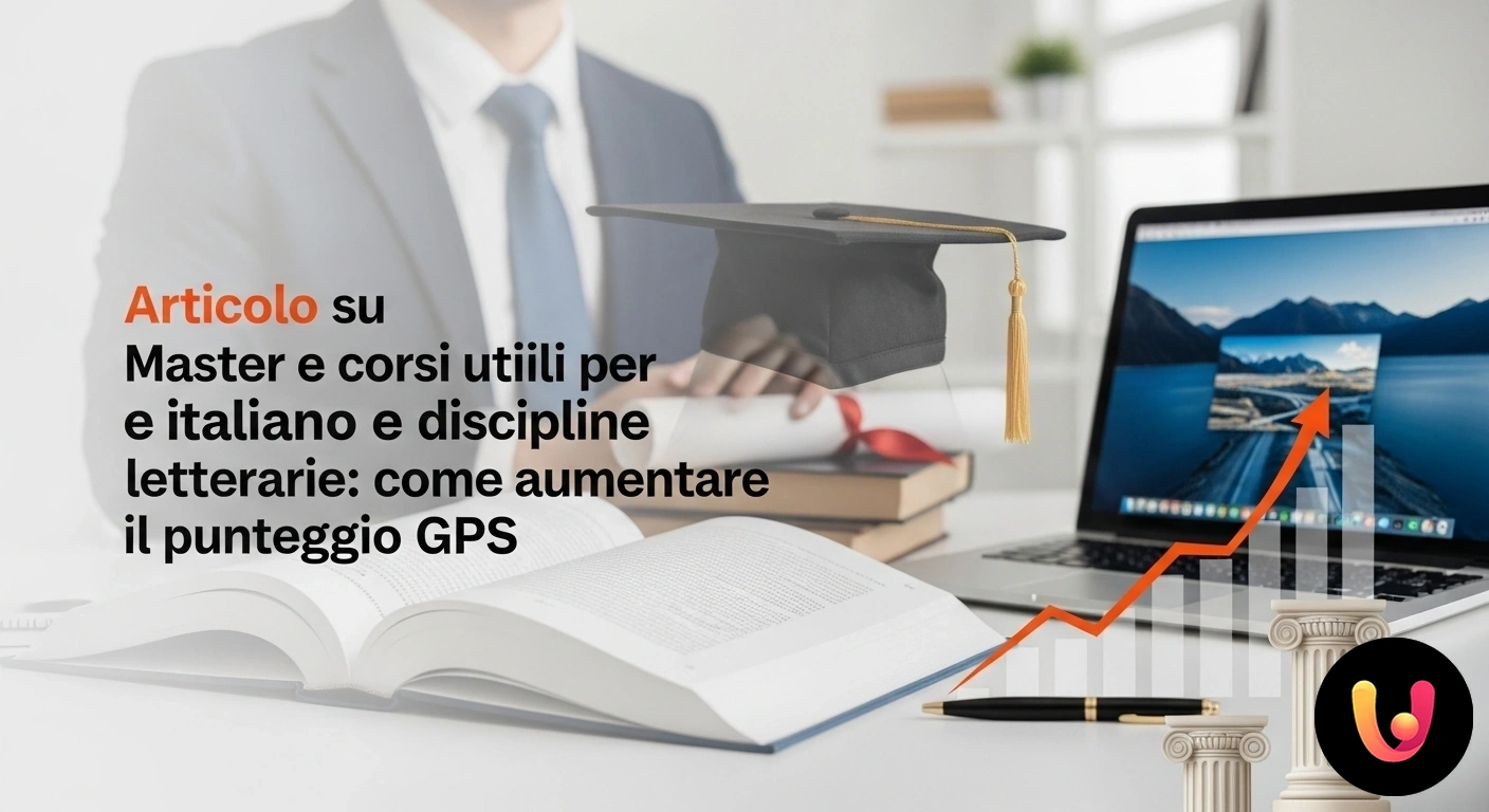 Master e corsi per aumentare il punteggio GPS nelle discipline letterarie. Docente seduto a una scrivania che consulta libri di letteratura e un computer per la scelta di un master formativo.