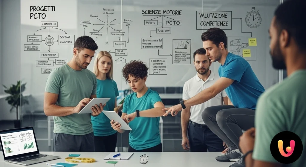 Docente con tablet osserva e valuta un gruppo di studenti durante un'attivit&agrave; motoria coordinata in palestra.