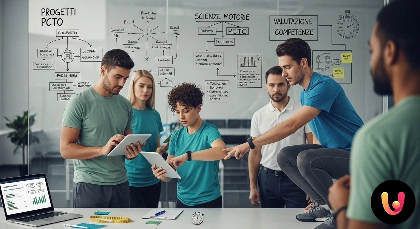 PCTO e Scienze Motorie: Progetti e Valutazione Efficace delle Competenze Docente con tablet osserva e valuta un gruppo di studenti durante un'attività motoria coordinata in palestra.