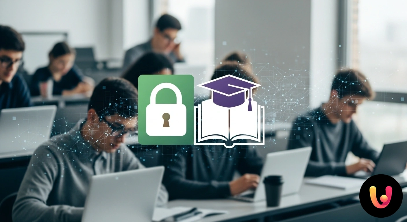 Privacy e GDPR nella Didattica: Protezione dei Dati a Scuola Icona di uno scudo con lucchetto a protezione di un'aula scolastica dove si utilizza la tecnologia per la didattica.