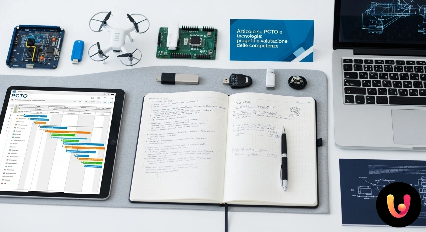 PCTO e tecnologia: progetti per la valutazione delle competenze digitali. Studenti in un laboratorio high-tech collaborano alla programmazione di un prototipo robotico per un progetto formativo.